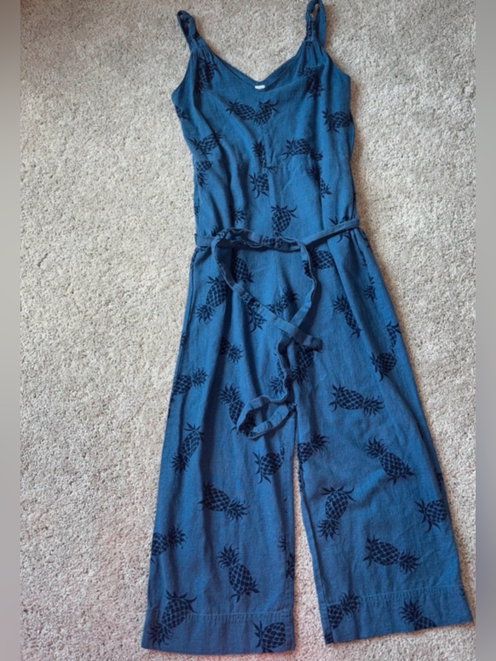 GAP Teal Blue Pineapple Print Linen Blend Wide Leg Jumpsuit - Size 2 Belted